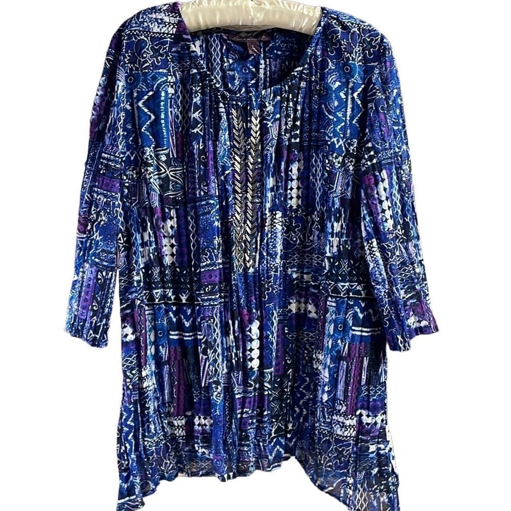 Gloria Vanderbilt Ladies Dress Top, Size Small, Blue,White,Purple Colors, Beaded